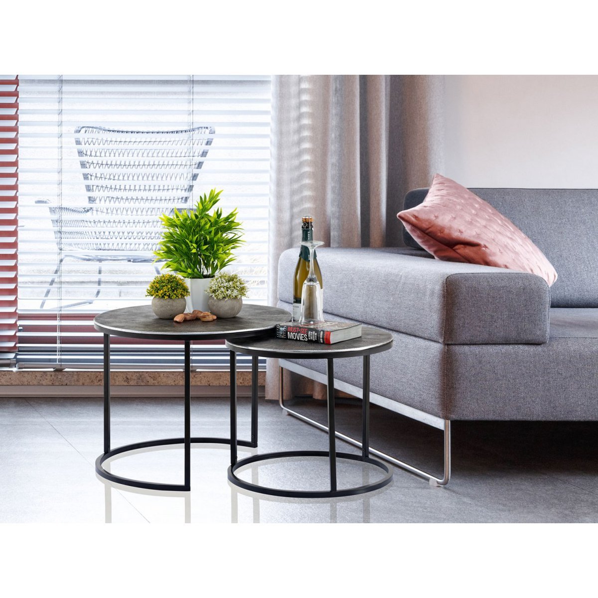 Couchtisch Set 2-teilig ø 55 u. 45 cm Beistelltisch silber Metall Tische rund Carlton Wohnzimmer