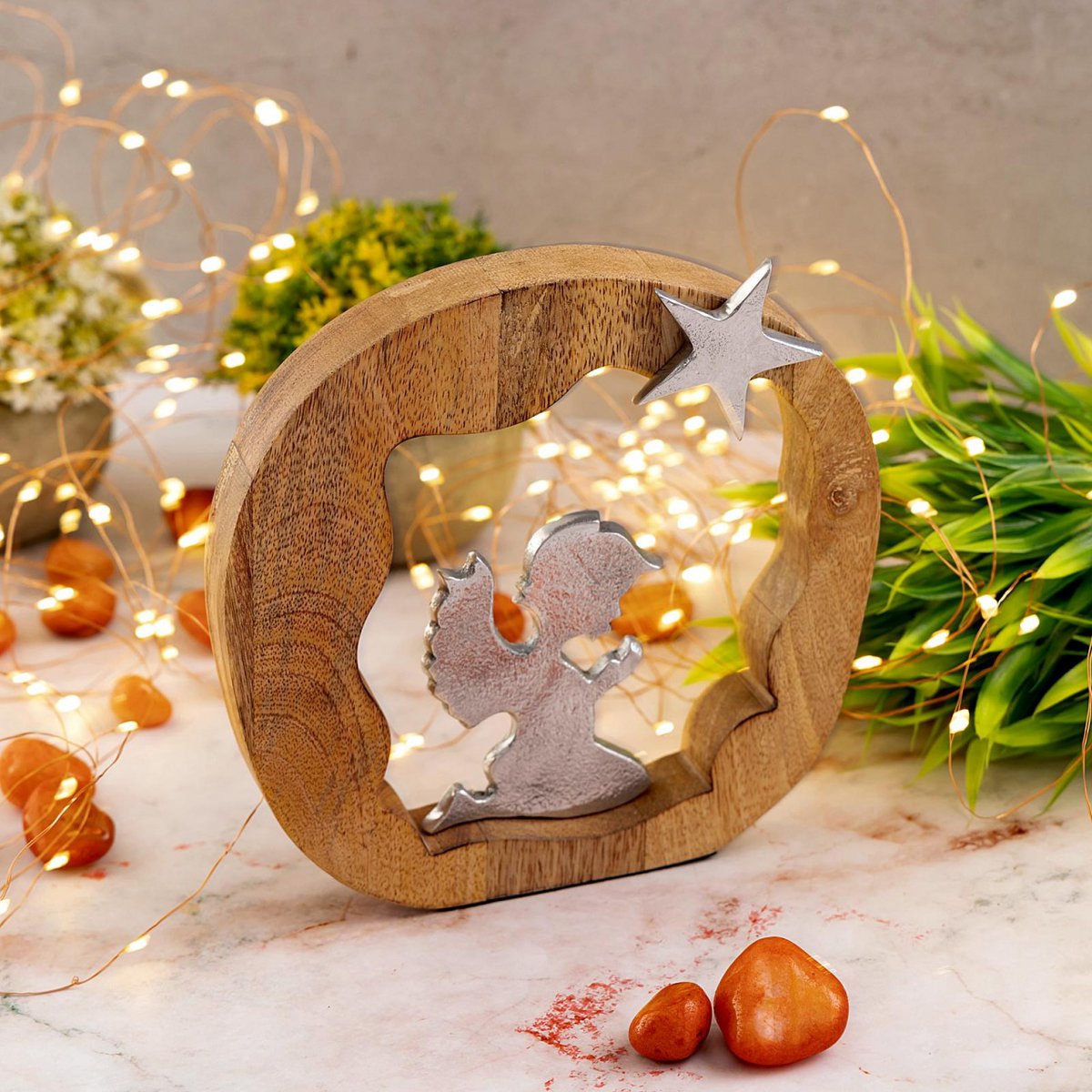 Decorative figure praying angel 20x20cm Masterbox 16-piece wooden figure lucky angel mango wood aluminum