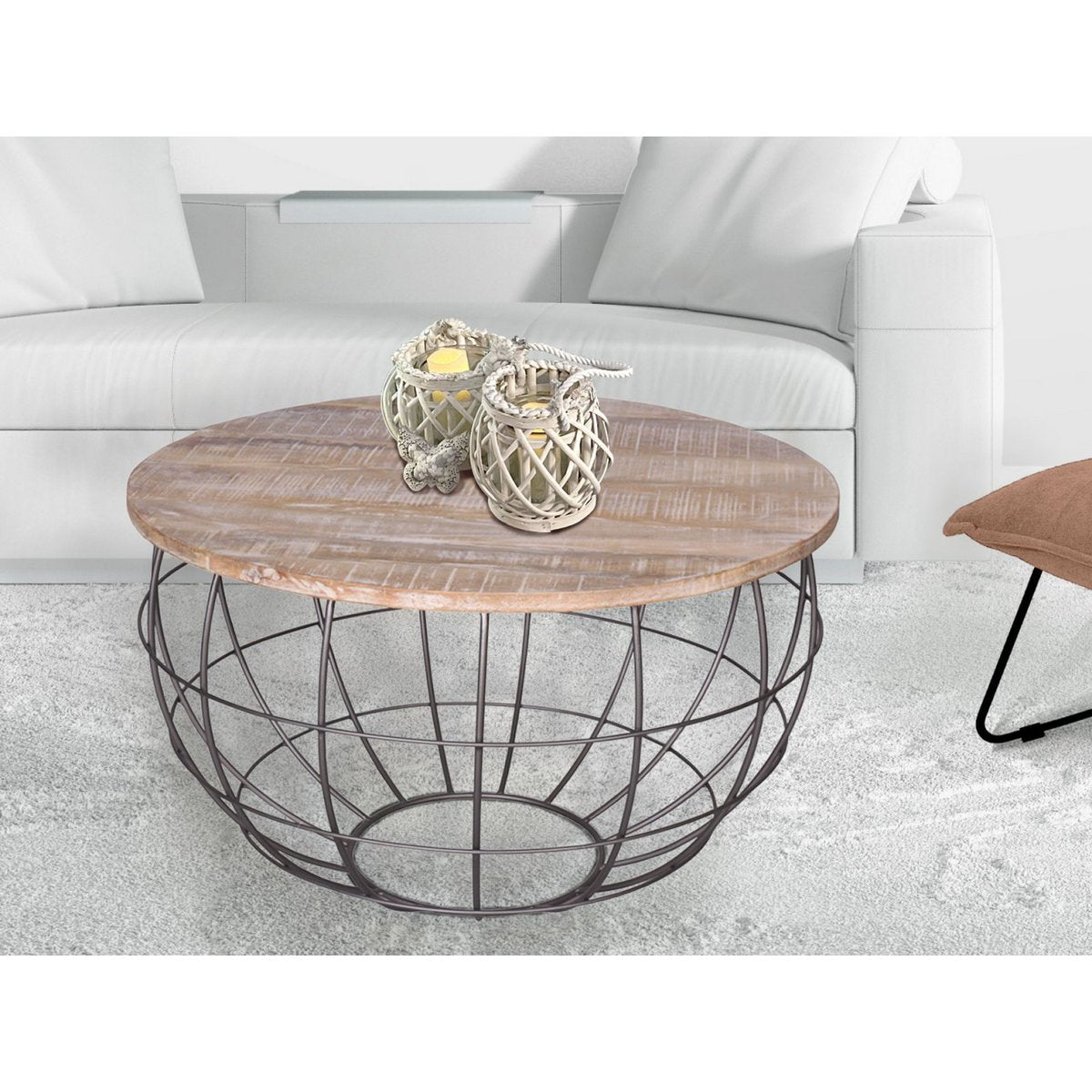 Coffee table sustainable round ø 75 cm living room table solid wood London metal grid metal frame
