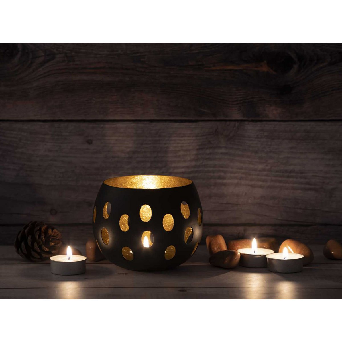 Tea light holder set of 2 candle holders Florina spherical shape black matt inside gold-plated