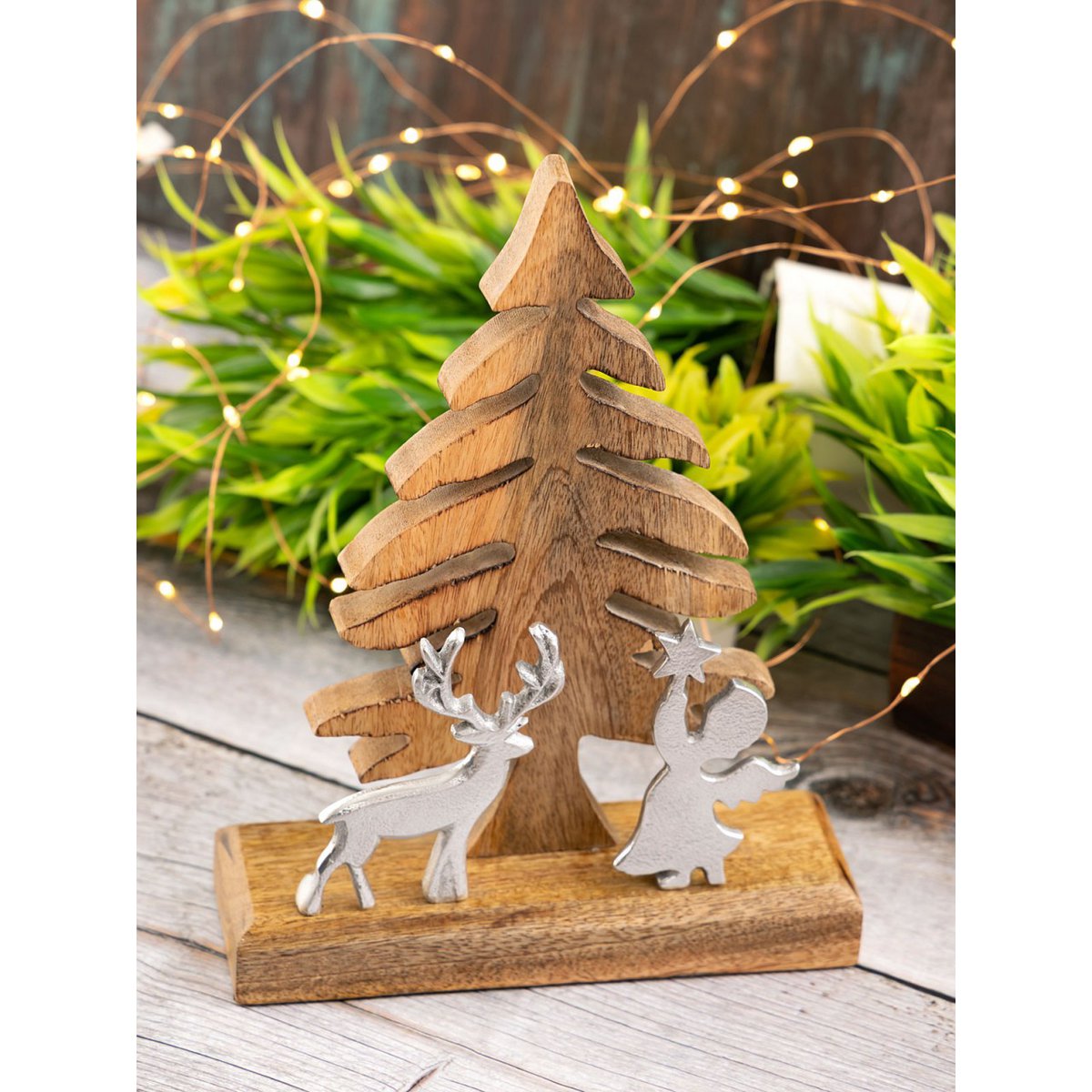 Wooden figure Christmas tree with deer and angel 20x27cm Christmas decoration mango wood aluminum