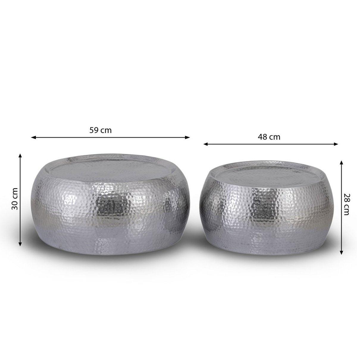 Coffee table set of 2 Dakar round ø 59/48 x H 30/28 cm silver hammered aluminum