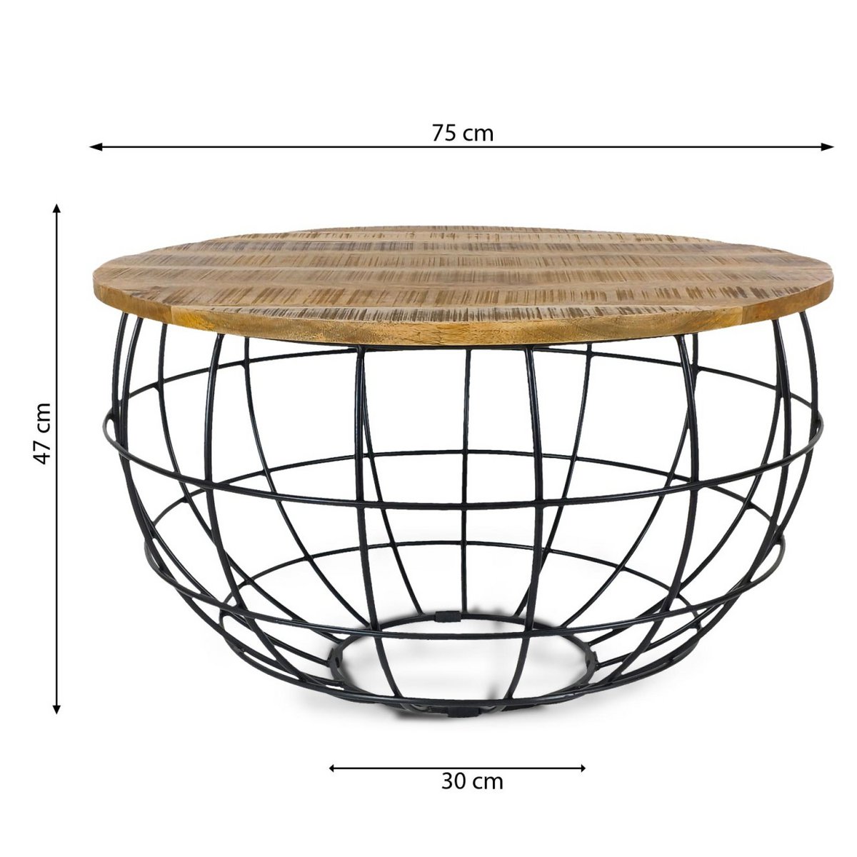 Coffee table round sustainable Lexington ø 75 cm metal grid wire frame solid wood living room table