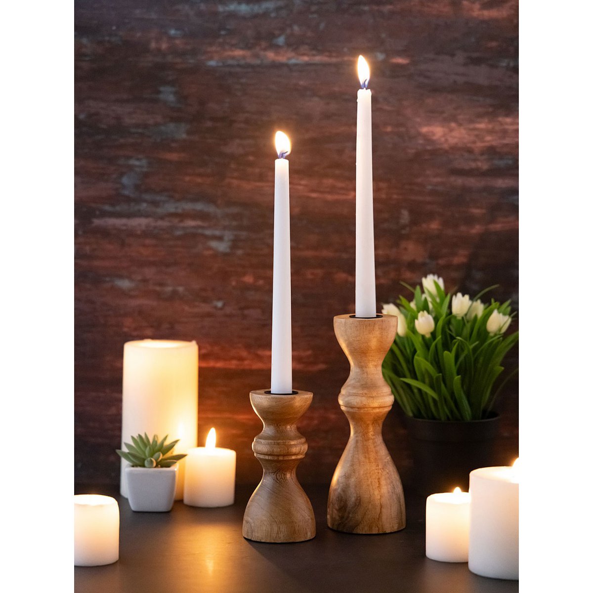 Candlestick set of 2 stick candles candle holder H20/13x6cm round candlestick mango wood
