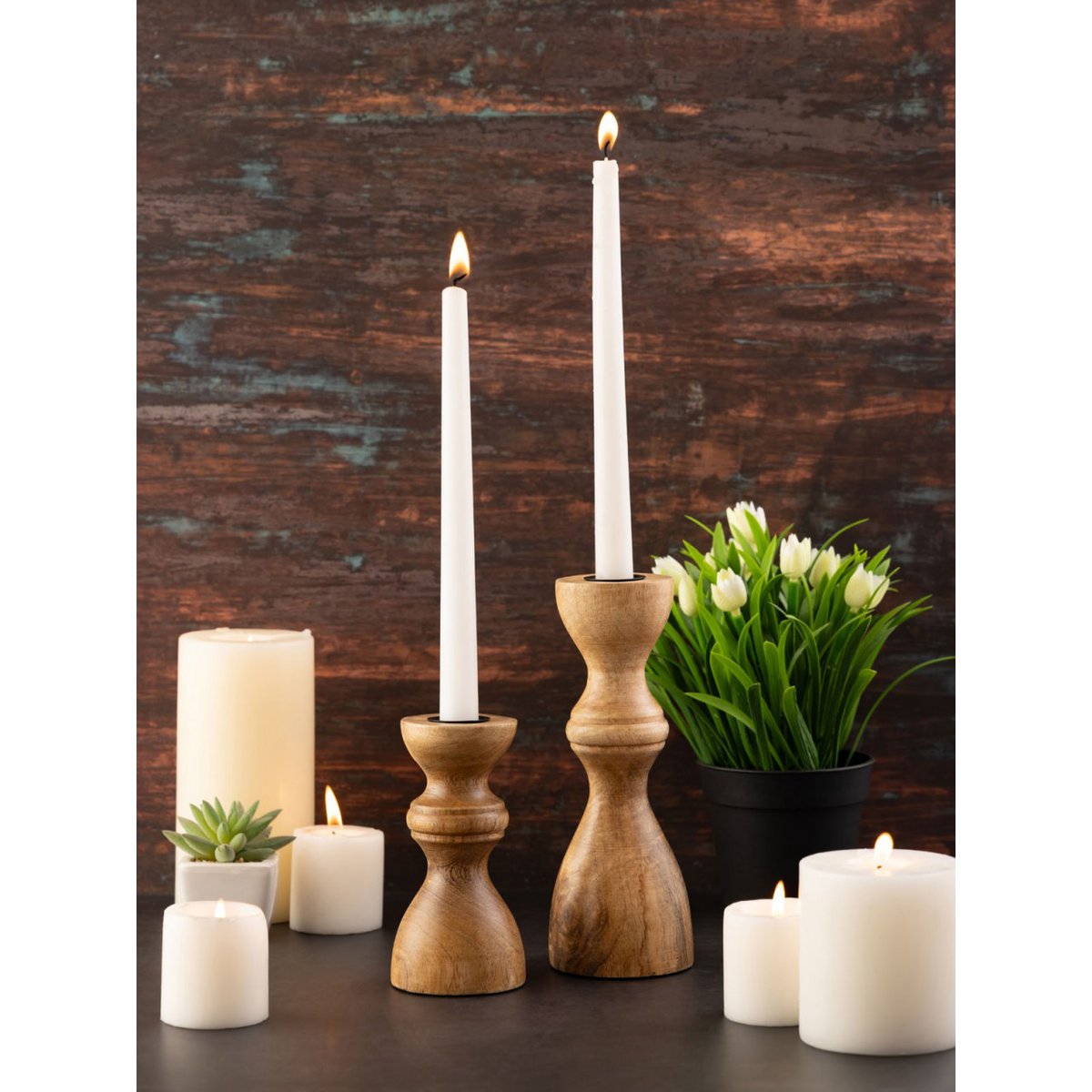 Candlestick Masterbox 18x set of 2 stick candles candle holder H20/13x6cm round mango wood
