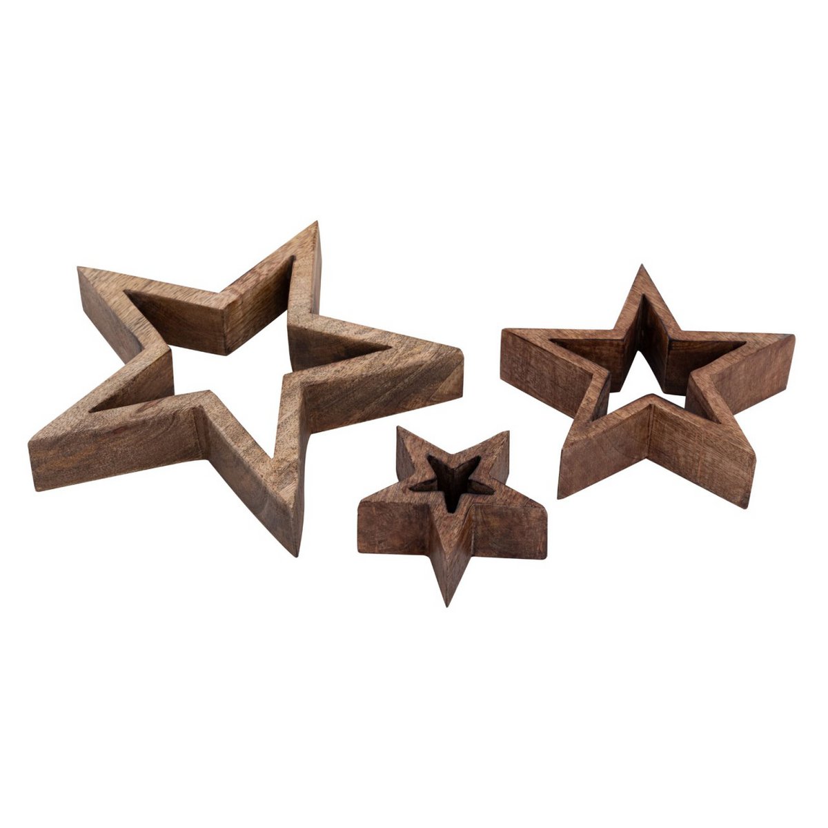Decorative Star Figures Set of 3 Wooden Figures 26/17/10cm Christmas Decoration Mango Wood