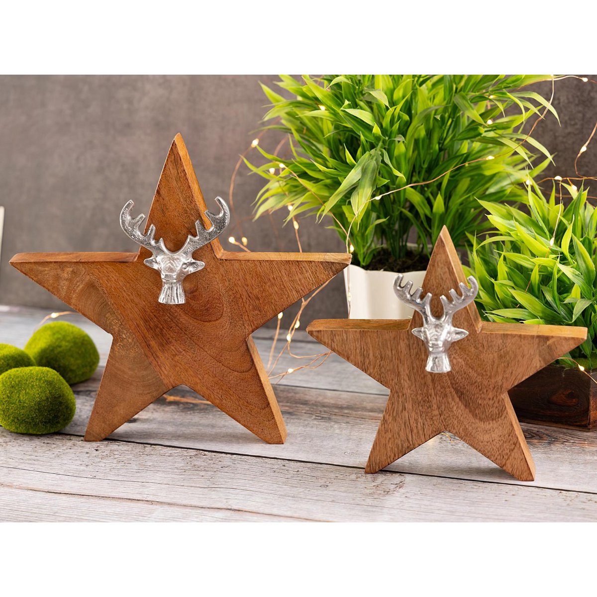 Wooden figure star set of 2 with deer head size 25/19cm stand mango wood aluminum