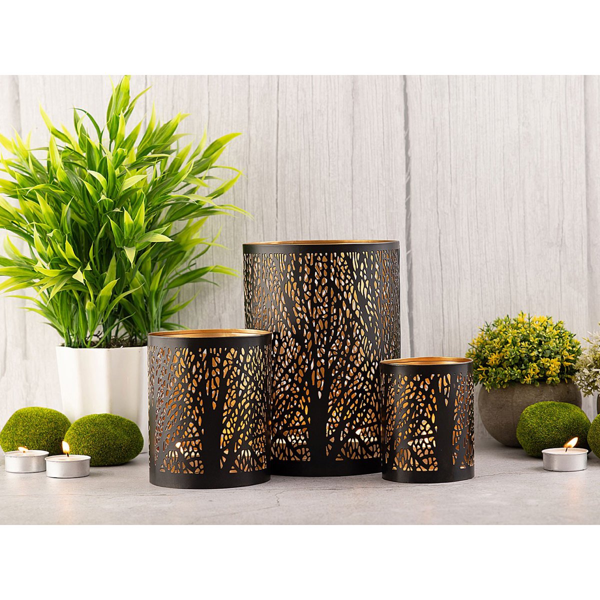 Lantern set of 3 candle holders Forest tea light holder round black gold