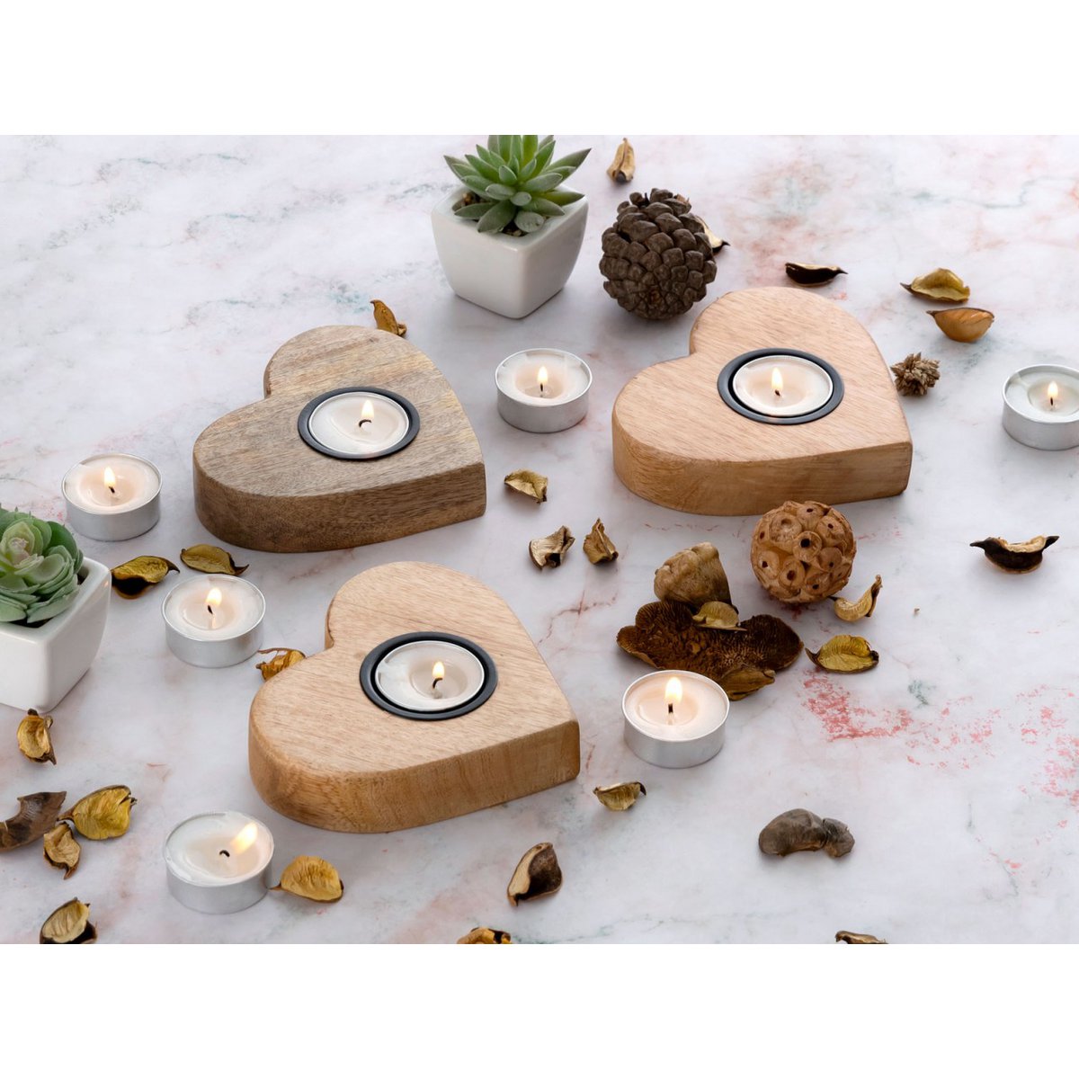 Tealight holder Masterbox 12x set of 3 candlesticks tealights 12x11cm Herzilein mango wood