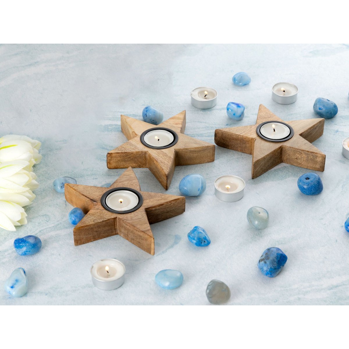 Tealight holder Masterbox 12x set of 3 candlesticks tealights 15x15cm stars mango wood