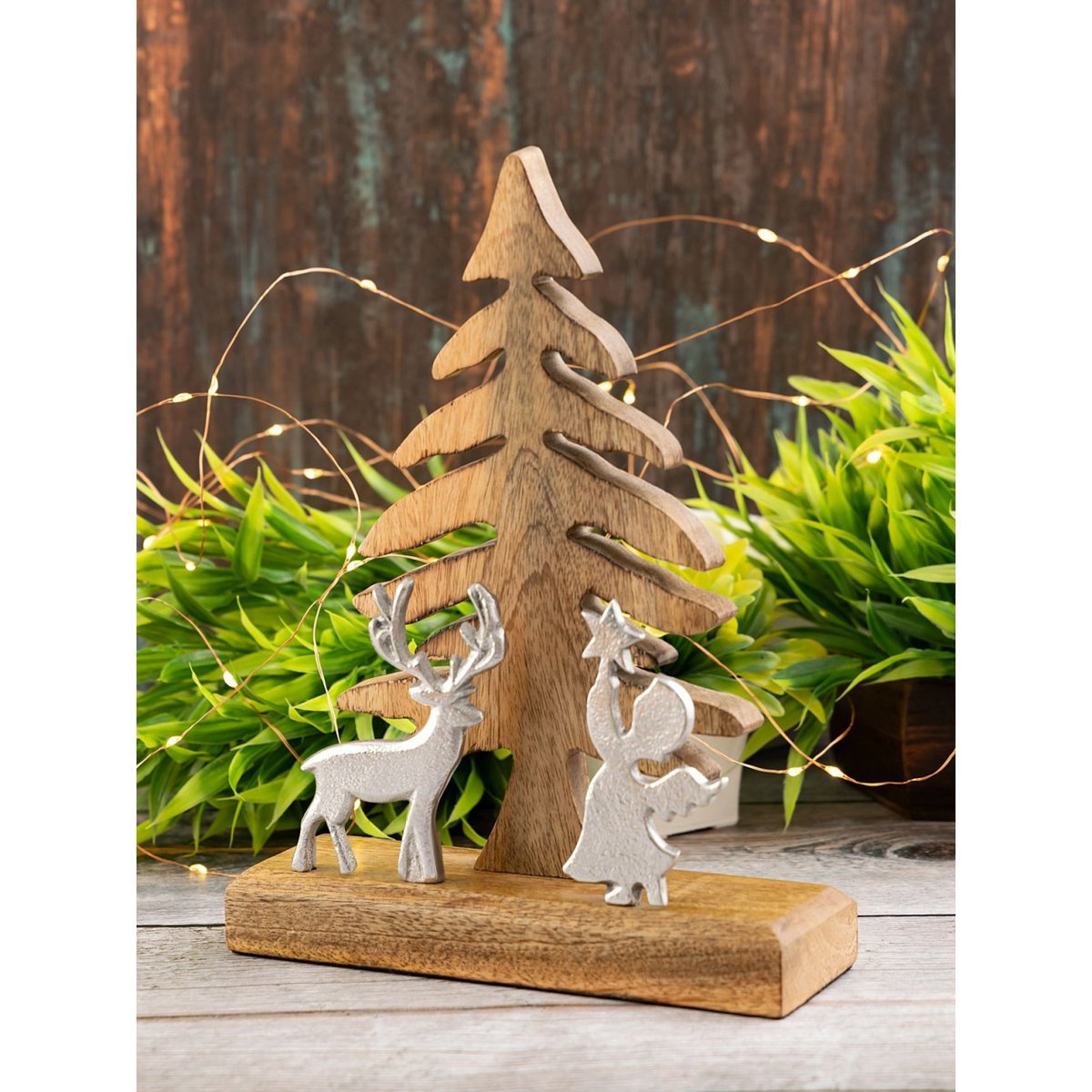 Wooden figure Christmas tree with deer and angel 20x27cm Christmas decoration mango wood aluminum