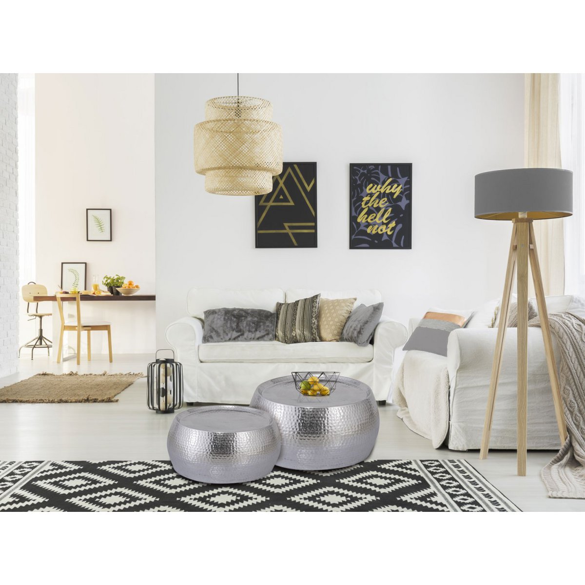 Coffee table set of 2 Dakar round ø 59/48 x H 30/28 cm silver hammered aluminum