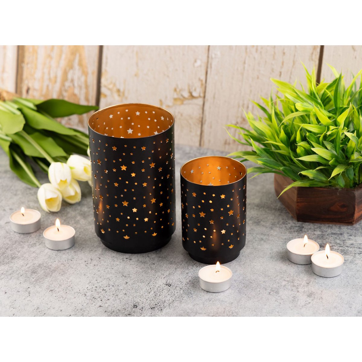 Tealight holder set of 2 candlesticks starry sky candle holder round black gold