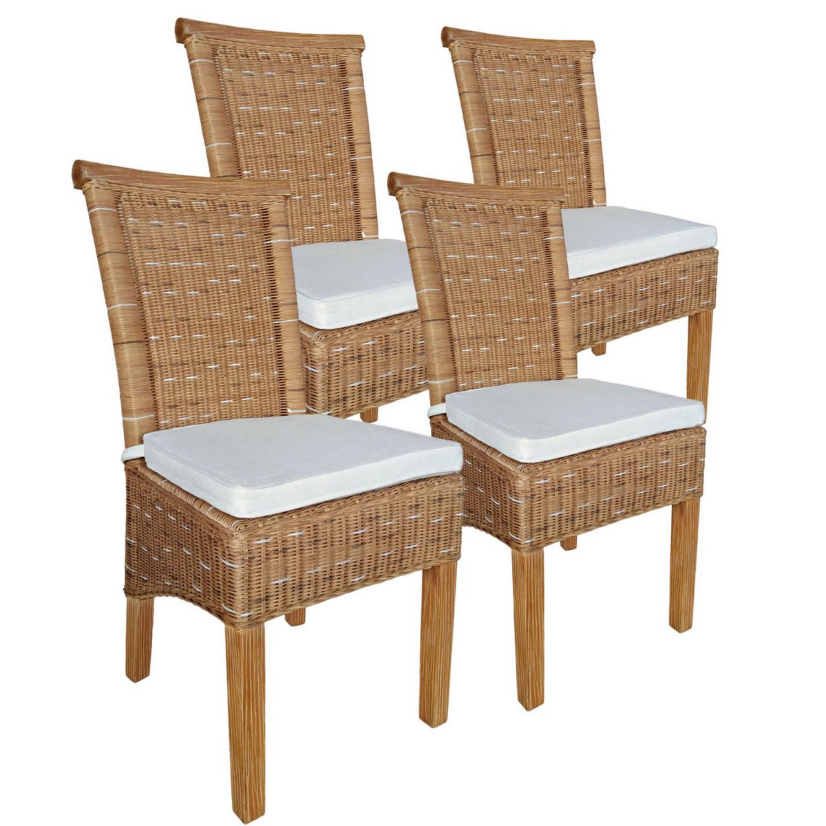 Dining room chairs set rattan chairs Perth 4 pieces brown seat cushions linen white