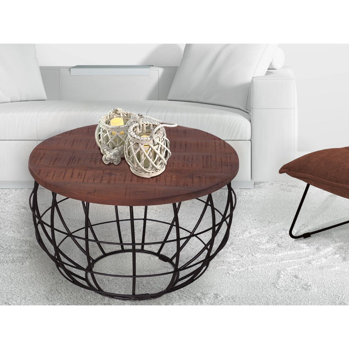 Coffee table sustainable round ø 75 cm living room table solid wood London metal grid metal frame