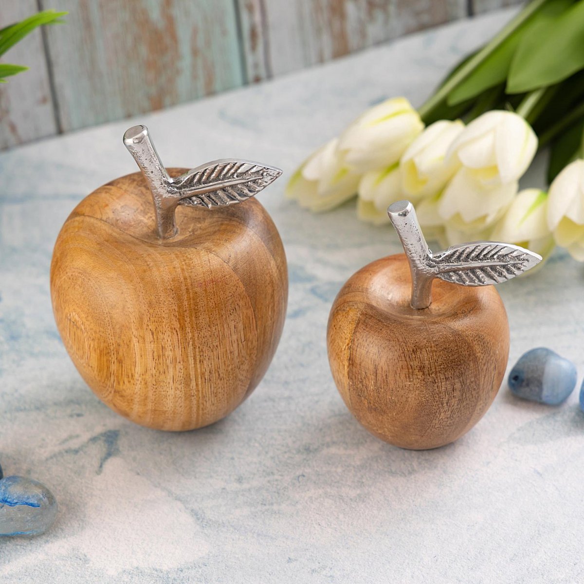 Decorative figures set of 2 apple H15/13x9/8cm stand apple look mango wood aluminum