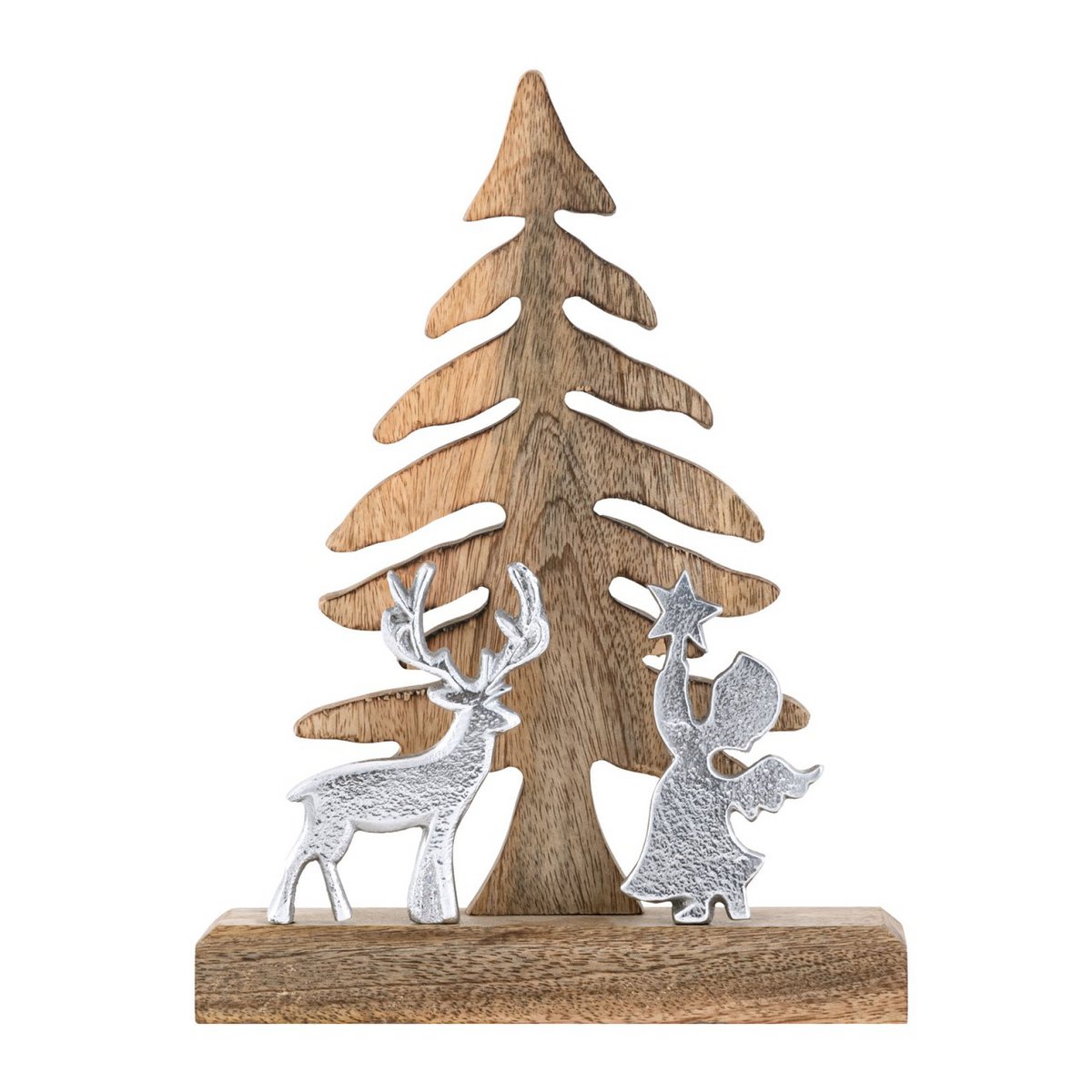 Wooden figure Christmas tree with deer and angel 20x27cm Christmas decoration mango wood aluminum