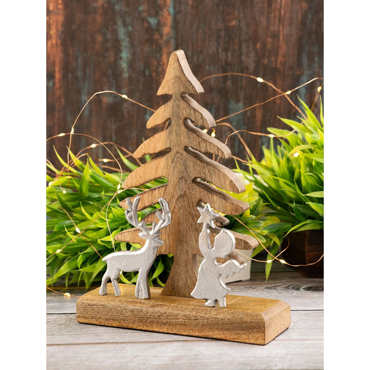 Wooden figure Christmas tree with deer and angel 20x27cm Masterbox 8-piece Christmas decoration mango wood