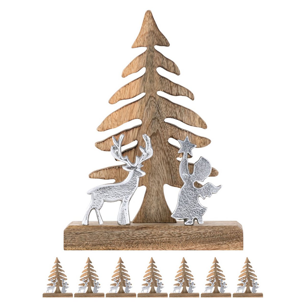 Wooden figure Christmas tree with deer and angel 20x27cm Masterbox 8-piece Christmas decoration mango wood