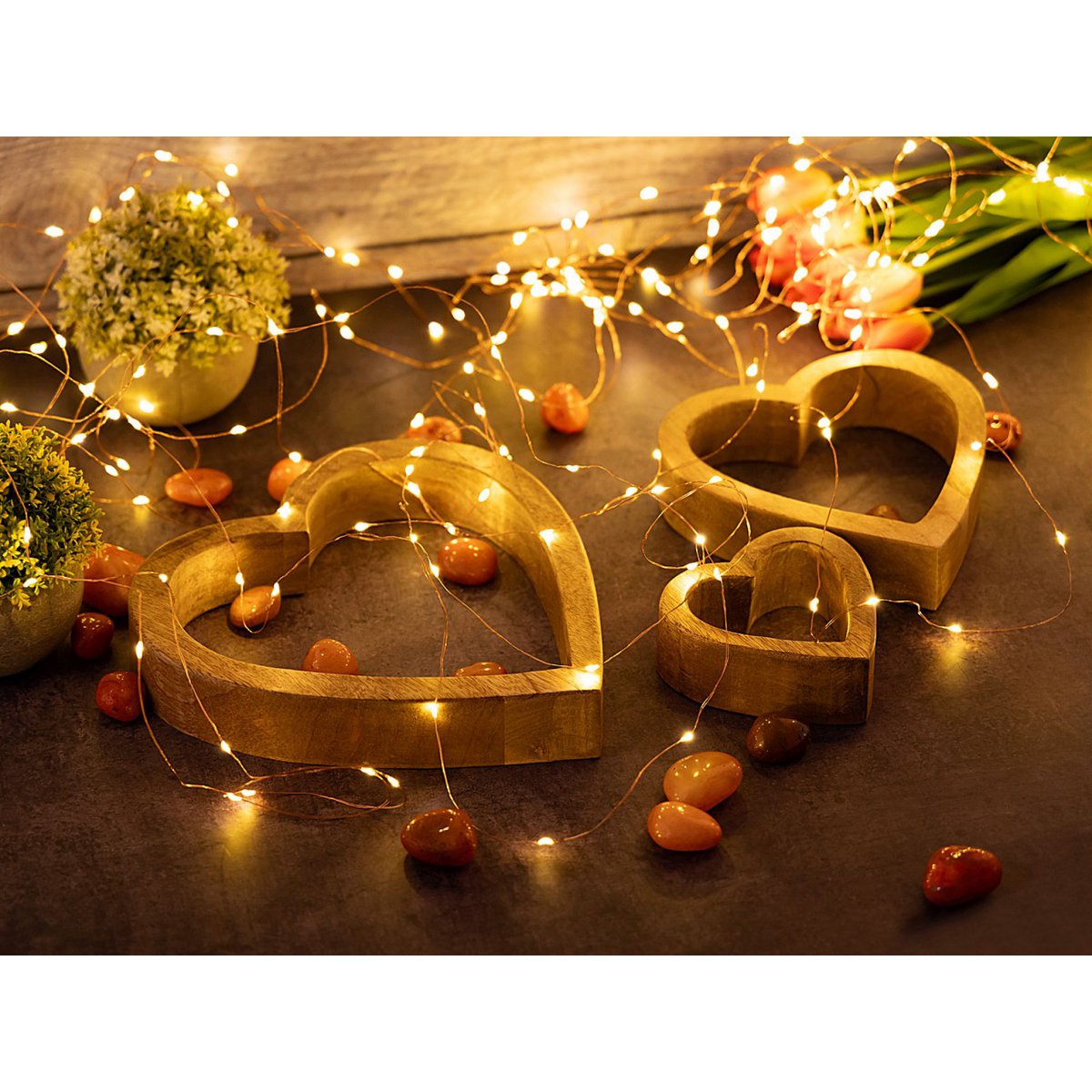Decorative hearts set of 3 wooden figures 24/18/11cm wedding decoration mango wood