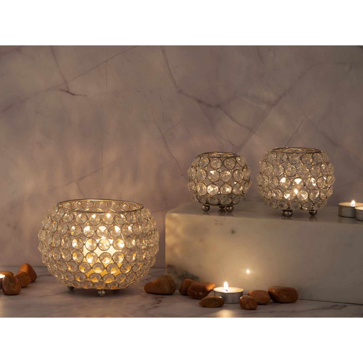 Candle holder set 3-piece tea light holder Crystal candlestick gold o. silver vintage crystal