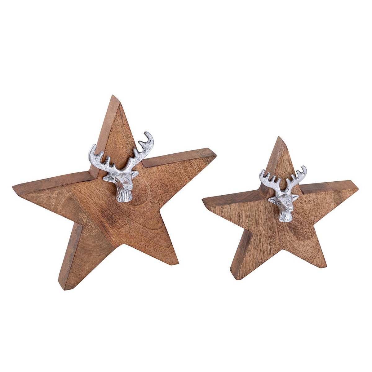 Wooden figure star set of 2 with deer head size 25/19cm stand mango wood aluminum