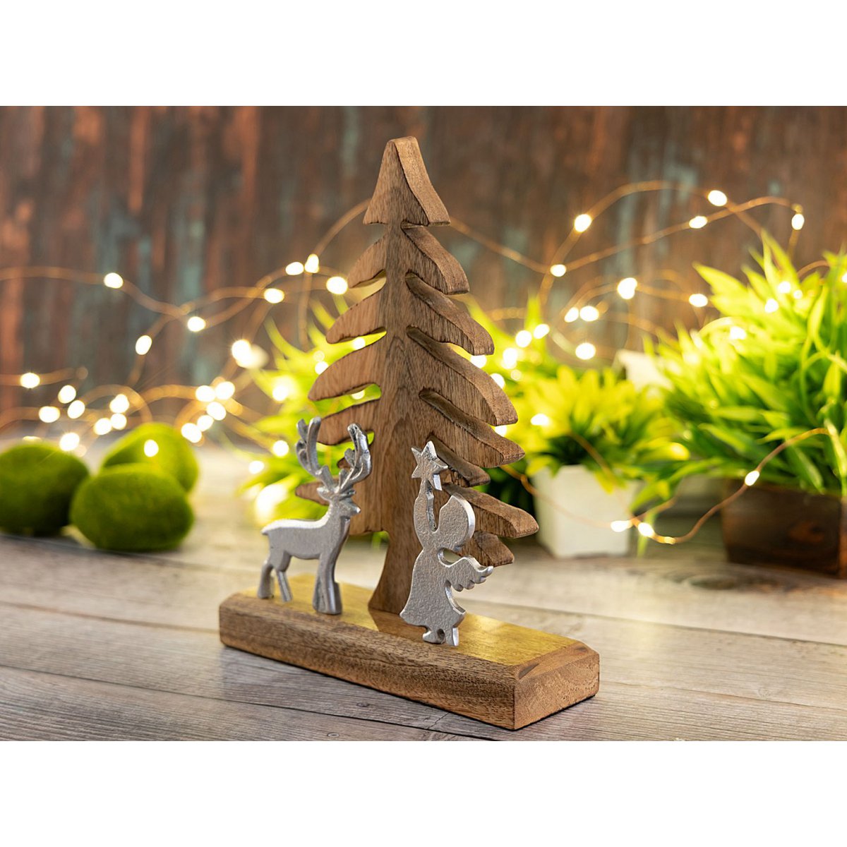 Wooden figure Christmas tree with deer and angel 20x27cm Christmas decoration mango wood aluminum