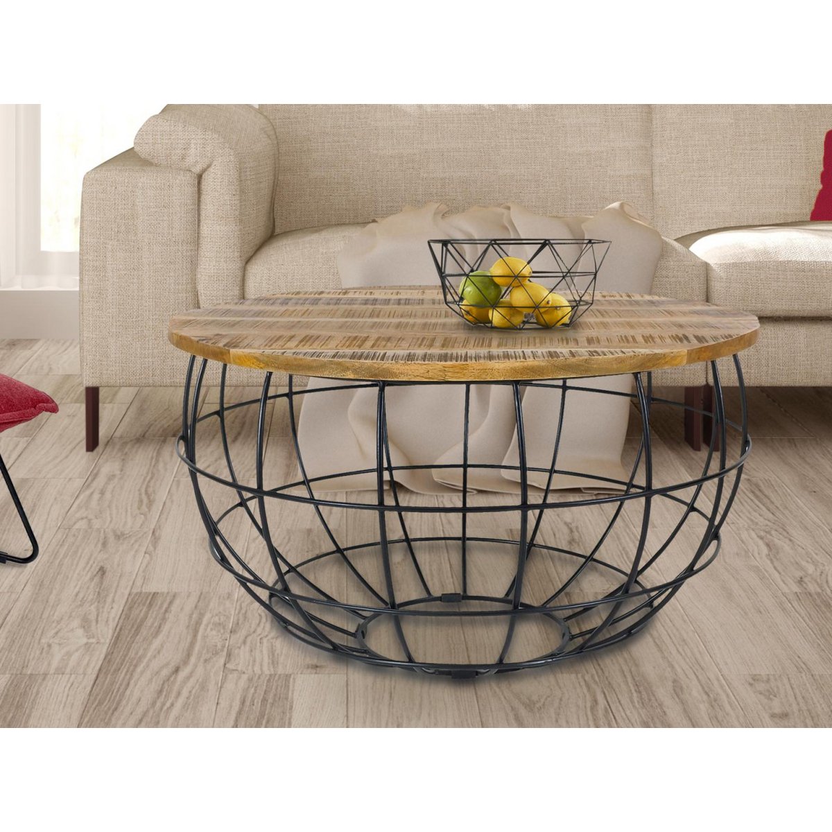 Coffee table round sustainable Lexington ø 75 cm metal grid wire frame solid wood living room table