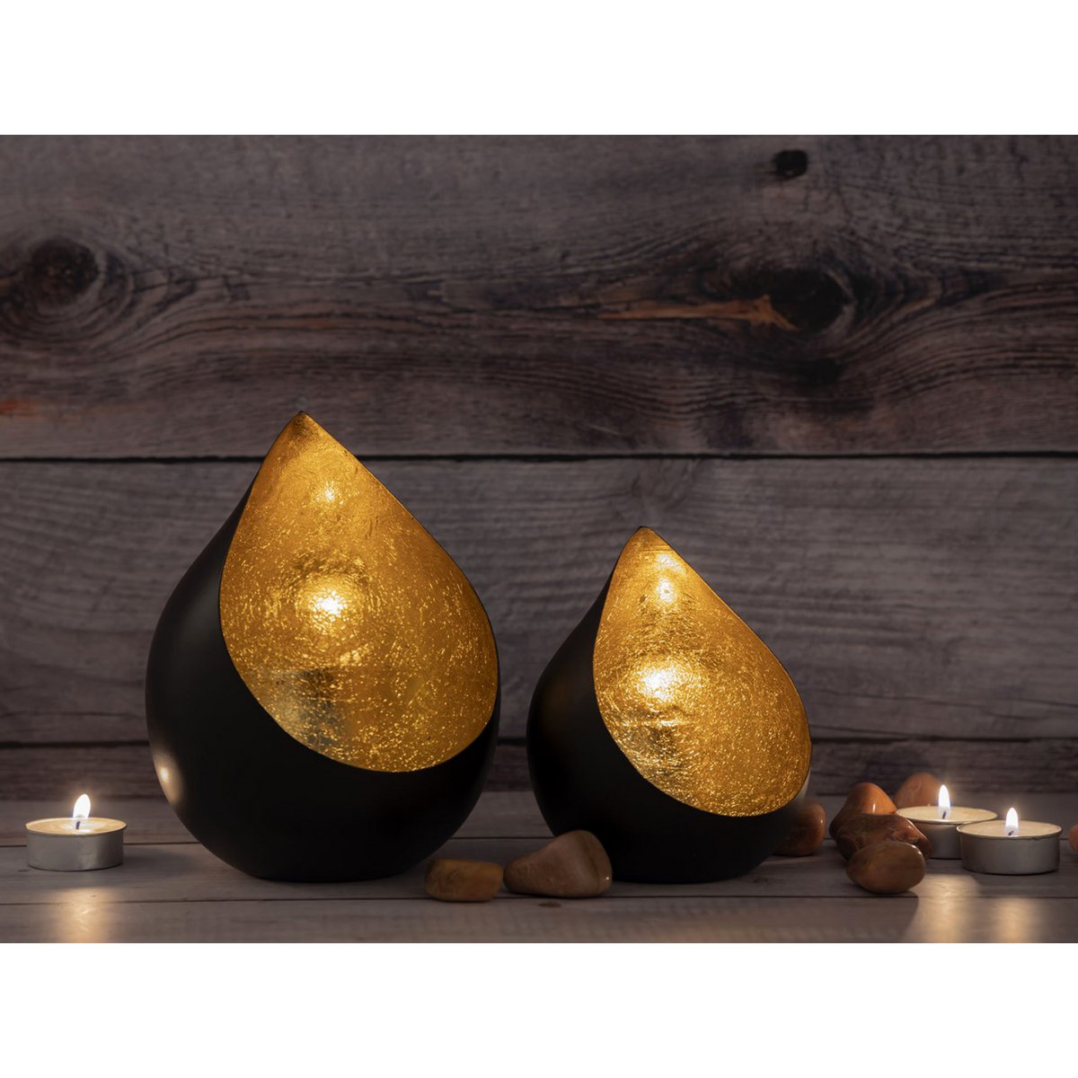 Candle holder 24-piece set 2 x 12 VE tea light holder Romy teardrop shape black matt inside gold-plated