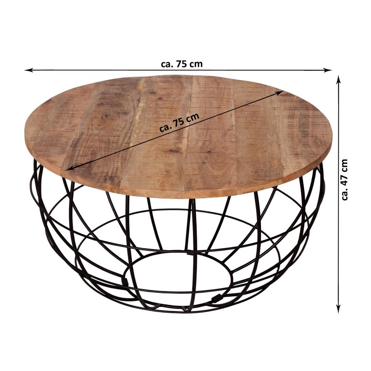 Coffee table sustainable round ø 75 cm living room table solid wood London metal grid metal frame