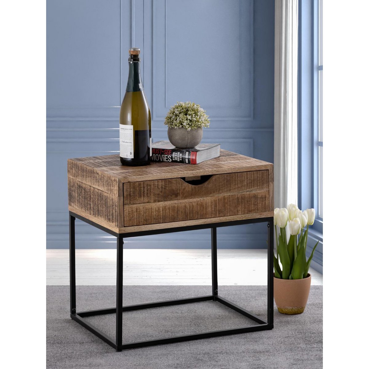 Nightstand wooden nightstand 45x45x35cm night console Maya side table metal frame