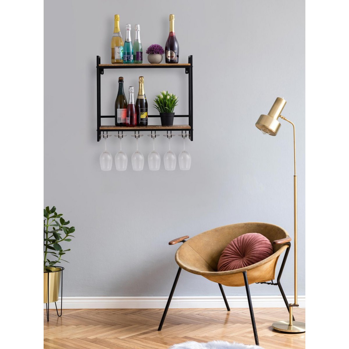 Wine rack wooden home bar bottle rack 60x45x25cm Rio mango wood metal frame