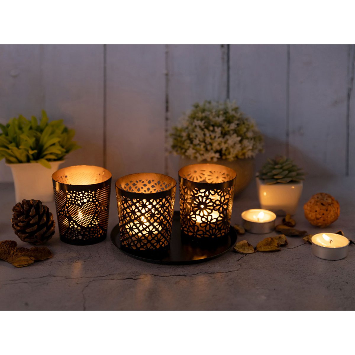 Candle holder set of 3 Masterbox 24x 3-piece candle holder Crete tealight holder round black gold
