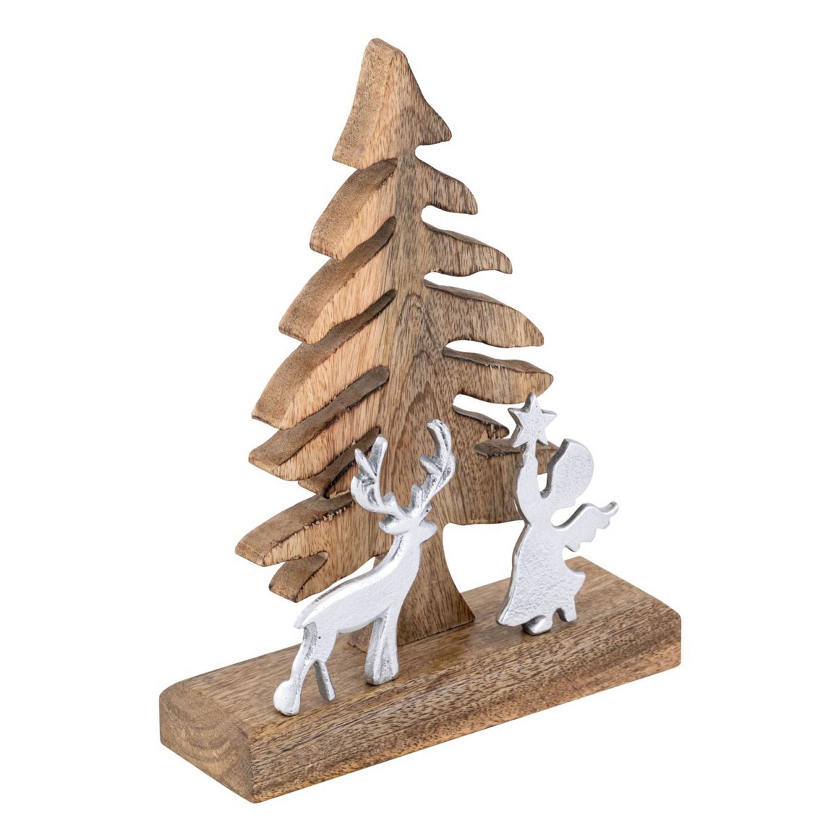 Wooden figure Christmas tree with deer and angel 20x27cm Christmas decoration mango wood aluminum
