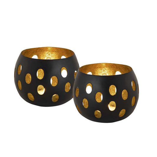 Tea light holder set of 2 candle holders Florina spherical shape black matt inside gold-plated