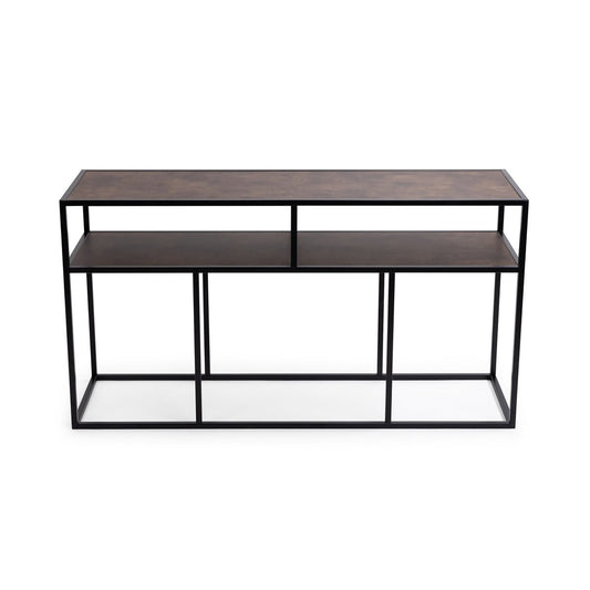 Stalux Side-table 'Teun' 150cm, color black / brown leather look