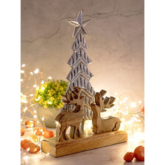 Decorative figure Christmas tree with deer 20x31cm Christmas decoration mango wood aluminum