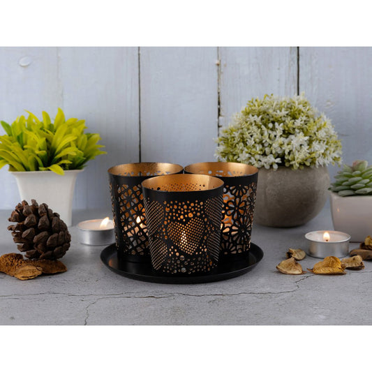 Candle holder set of 3 candlesticks Crete tealight holder round black gold