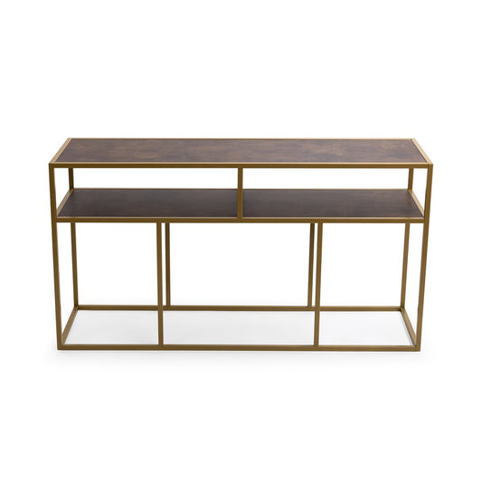 Stalux Side-table 'Teun' 150cm, color gold / brown leather look