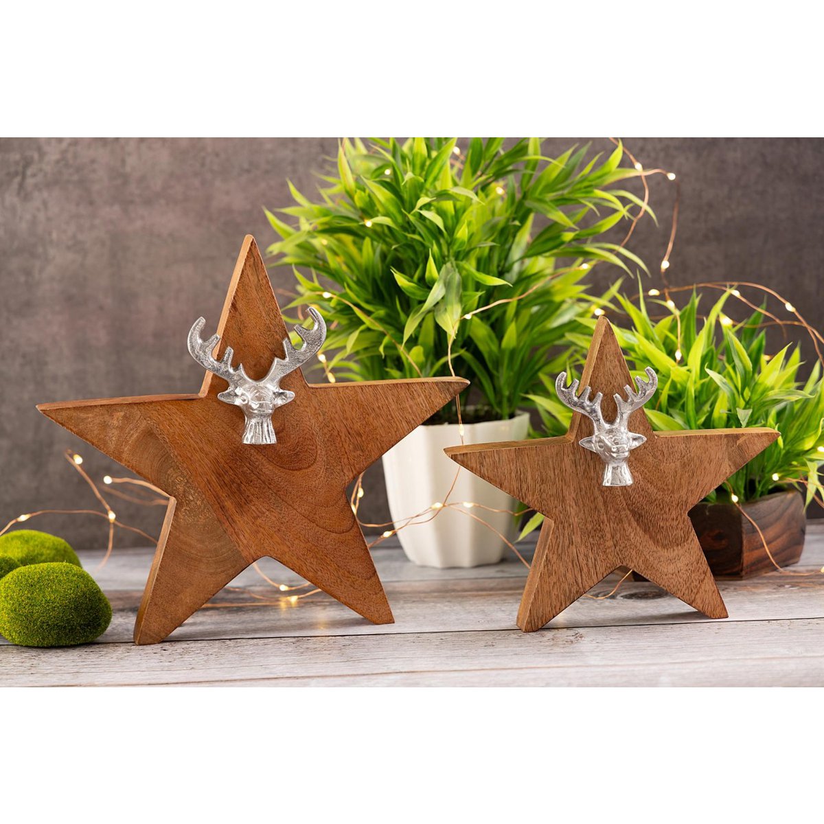 Wooden star figure set of 2 with deer head size 25/19cm Masterbox 10-piece stand mango wood