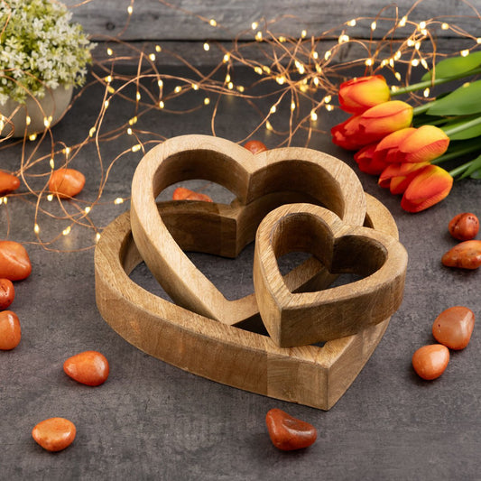 Decorative hearts set of 3 wooden figures 24/18/11cm wedding decoration mango wood