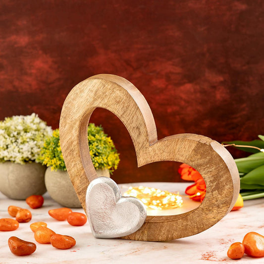 Decorative heart figure 27x21cm wooden figure little heart mango wood aluminum