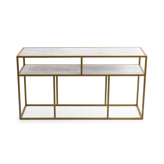 Stalux Side-table 'Teun' 150cm, color gold / white marble