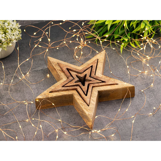 Decorative Star Figures Set of 3 Wooden Figures 26/17/10cm Christmas Decoration Mango Wood