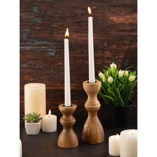 Candlestick set of 2 stick candles candle holder H20/13x6cm round candlestick mango wood