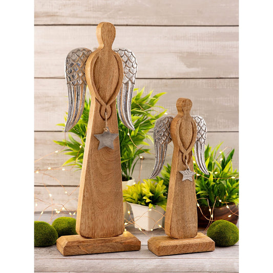 Decorative angel figure set of 2 12/16x32/47cm Christmas decoration stand mango wood aluminum