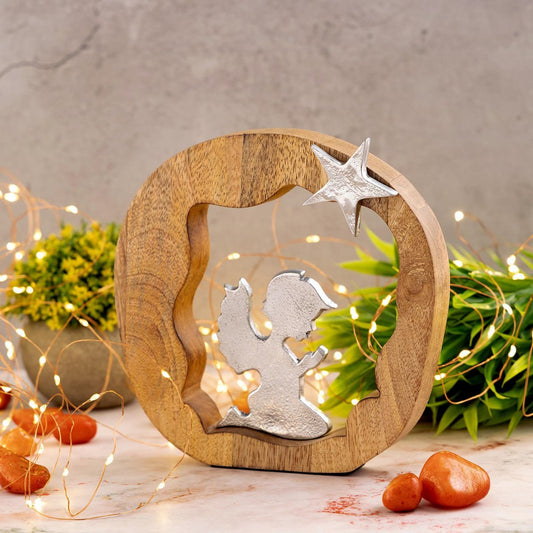Decorative figure praying angel 20x20cm wooden figure lucky angel mango wood aluminum