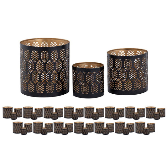 Candlestick set of 3 Masterbox 18x 3-piece lantern oriental tealight holder round black gold