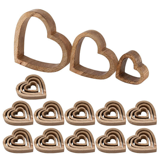 Decorative figure hearts 12x set of 3 wooden figures 24/18/11cm Masterbox wedding decoration mango wood