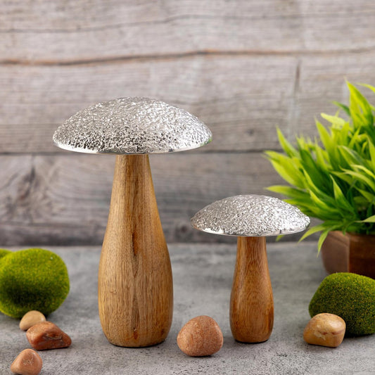 Decorative figures set of 2 mushrooms H20/12x13/10cm stand mushroom look mango wood aluminum
